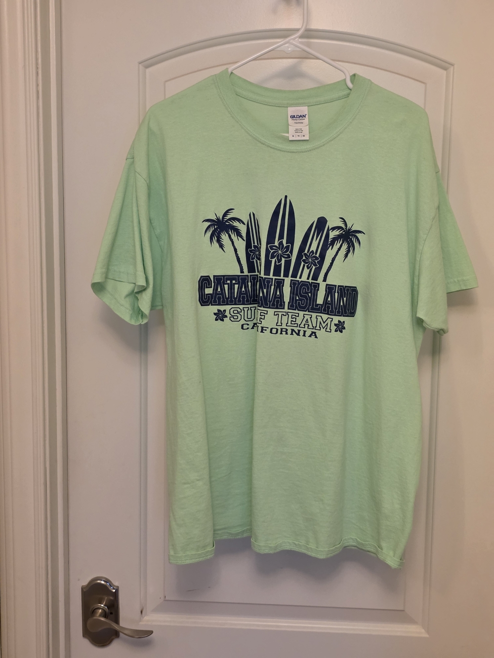 Gildan Catalina Island Surf Team T-Shirt - Light Mint Green Extra Large Size.